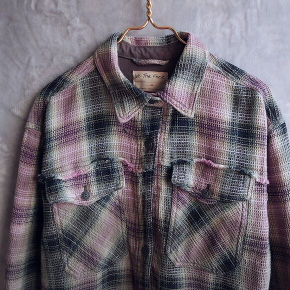 FREE PEOPLE Anneli Plaid Shirt Jacket Size M Waffle Fringe Hem Oversized Boho - Picture 7 of 11
